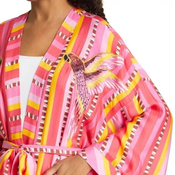 Farm Rio Lucy Parrot Stripe Tie Waist Embroidered Birds Cover Up Kimono Jacket - Picture 3 of 16